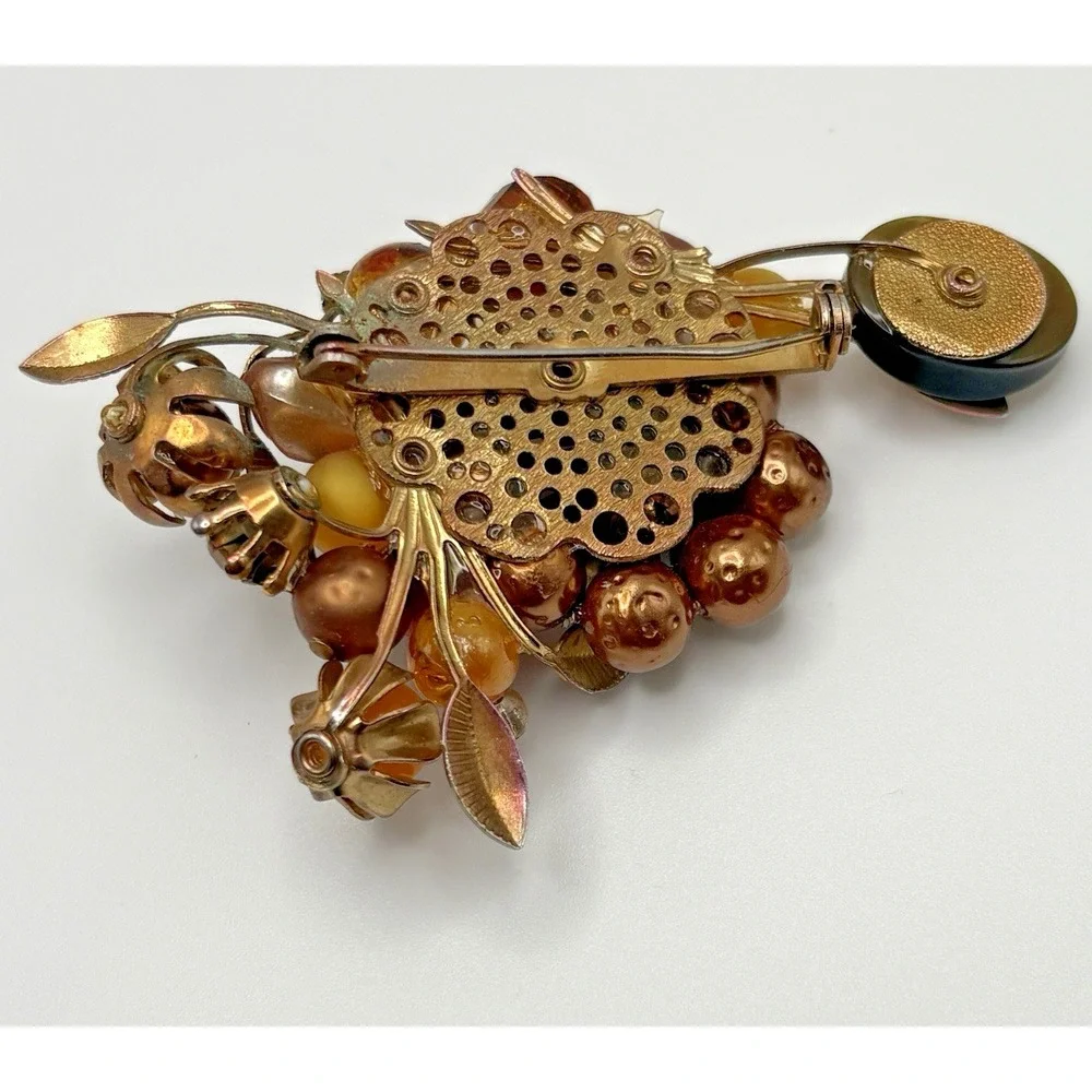 Vintage Brooch Flower AB Artglass Honey Bronze Thermoset Rhinestone MCM
